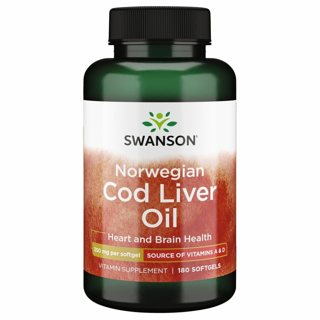 Swanson Cod Ulei de ficat - Wellness Supliment de promovare Bone, Skin Health, Vision Support & Imunity System Function w/High Absorbtion Vitamin A - (180 Softgels, 350mg fiecare)