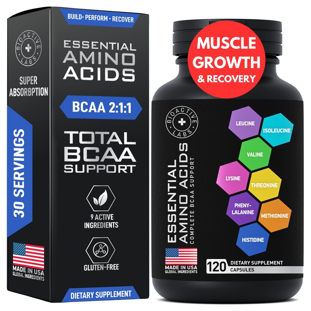 Aminoacid esential Supliment pentru femei si barbati - Vegan BCAA Aminoacid Complex pentru crestere musculara cu toate 9 BCAAs Aminos esential - Advanced Workout Power & Recovery Formula - 120 EAA BCAA Pilule