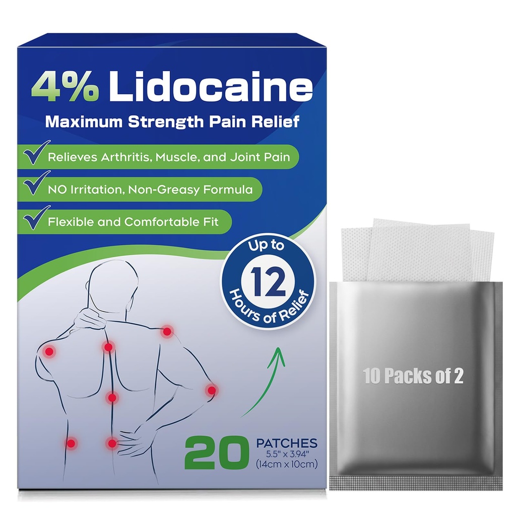 Uposiut 4% Lidocaine Patches, 20 Count Patches Putere maximă Lidocaină Patches (20 patch-uri), pentru dureri musculare de relief în gât, umeri, spate, genunchi, și anks, 12 ore durere Relief-012345