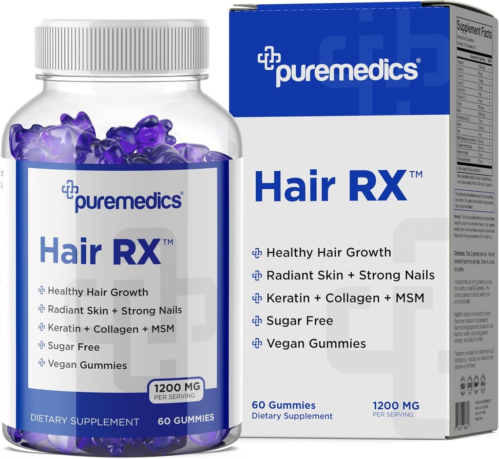 HairRX Biotin 6000mcg Gume Vegane pentru păr frumos și unghii - Colagen, Acid pantontenic, iod, bambus, ulei de cocos, zinc, MSM pentru femei și bărbați (1 lună de aprovizionare)