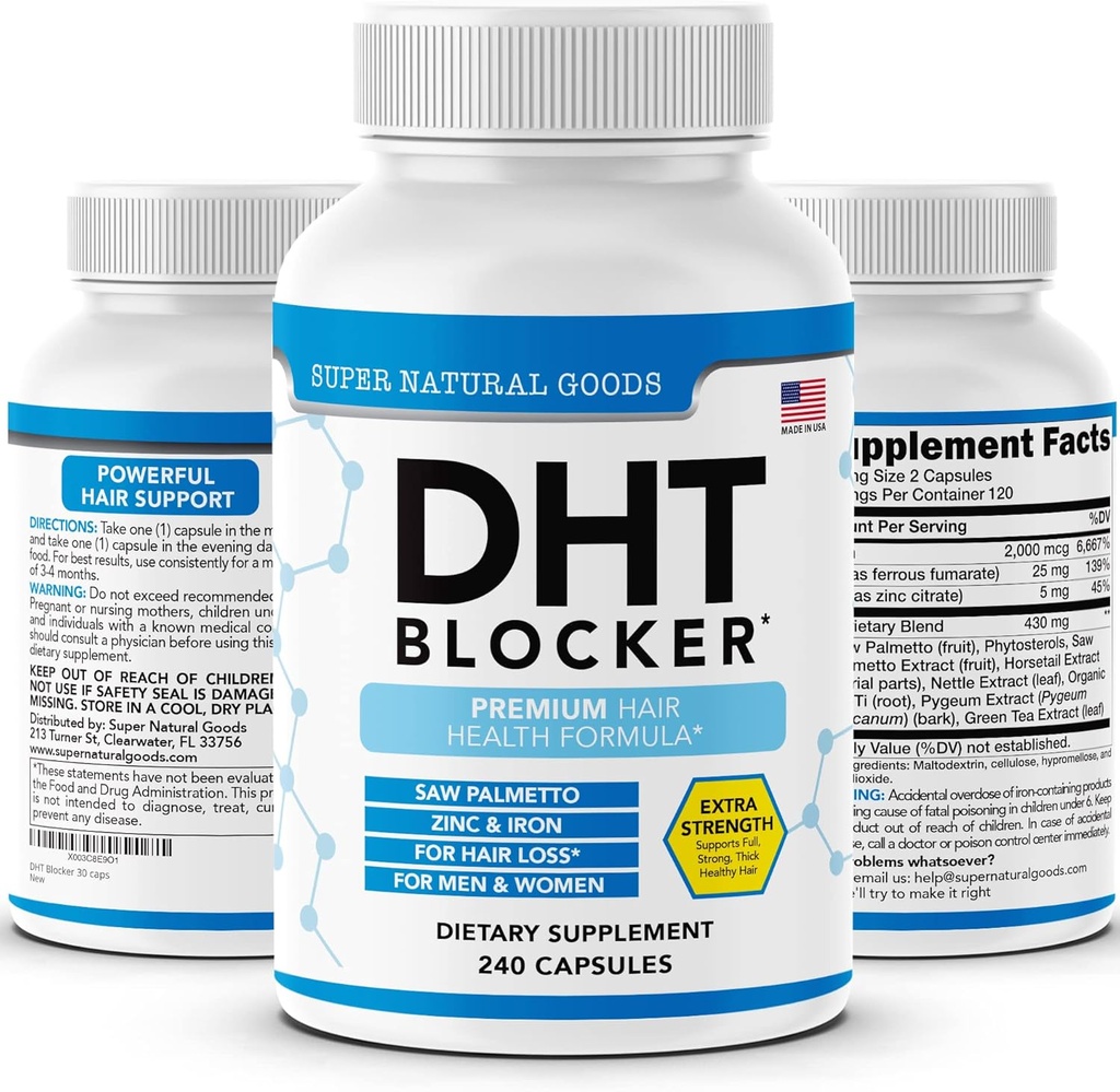 DHT Blocker - Suplimentul de crestere a parului pentru intinerirea genetica pentru barbati si femei - Ajuta pierderea parului si stimularea cresterii foliculare cu Saw Palmetto, Biotin & Fier - Suplimente de crestere Folice