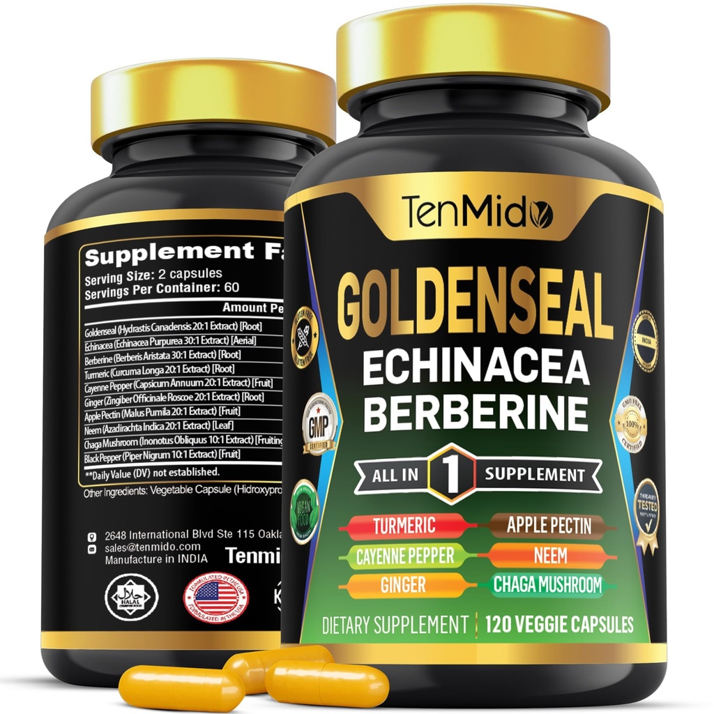 Goldenseal Root Supliment - 10in1 Formula - Combinați cu Echinacea, Berberine, Turmeric, Cayenne Pepper, Ginger, Apple Pectin, Neem, & More - Digestive Health Support - 120 capsule
