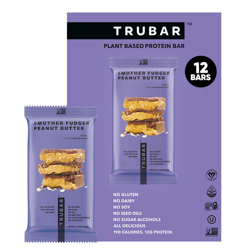 TRUBAR Baruri de proteine Vegane - Unt de arahide sufocant Fudger, Soy Free, Dairy Free, Gluten gratuit Baruri de proteine - Fără alcool zaharos - non-GMO - 12g de proteine - 12 Conte