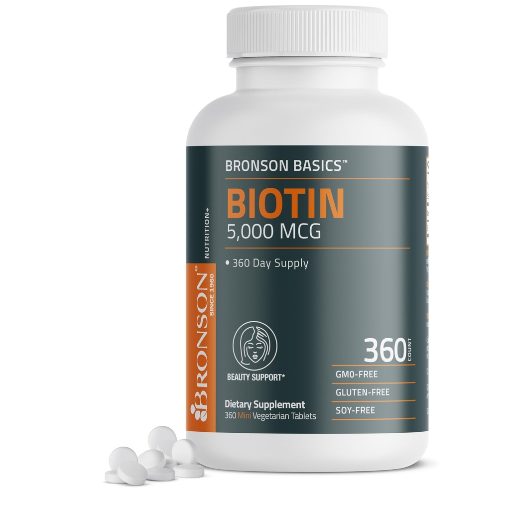Bronson Biotin 5000 MCG sustine parul sanatos, Skin & Nails & Energy Production - suport de frumusete de mare potenta - non-GMO, 360 comprimate vegetariene