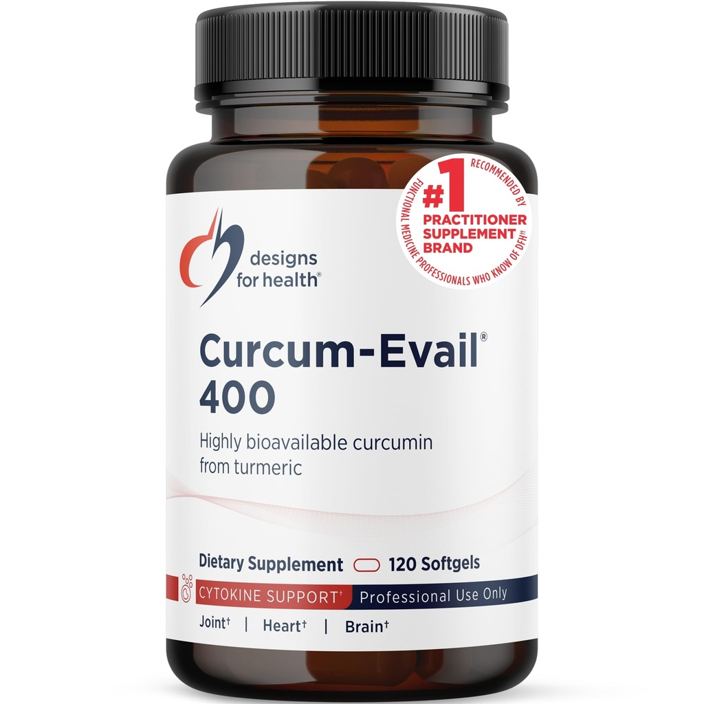 Design-uri pentru sănătate Curcum-Evail 400 - Biodisponibil Curcumin Suplimente Turmeric - Tehnologie de emulsificare Evail - Curcumin C3 Complex cu ulei turmeric + vitamina E, non-GMO (120 Softgels)