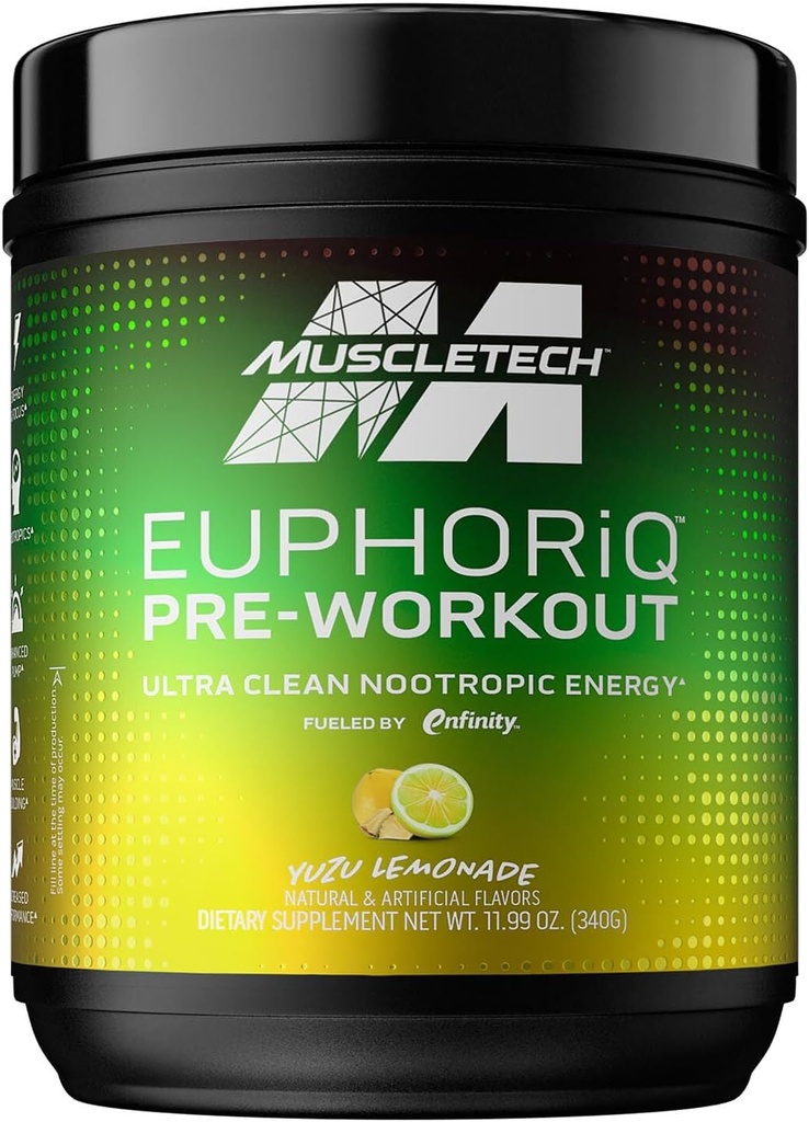Pre Workout Powder MuscleTech EuphoriQ PreWorkout Smart Pre Workout Pulbere pentru bărbați și femei Cafeină Metabolit alimentat cu Paraxanthine Yuzu Lemonade (20 serviri)