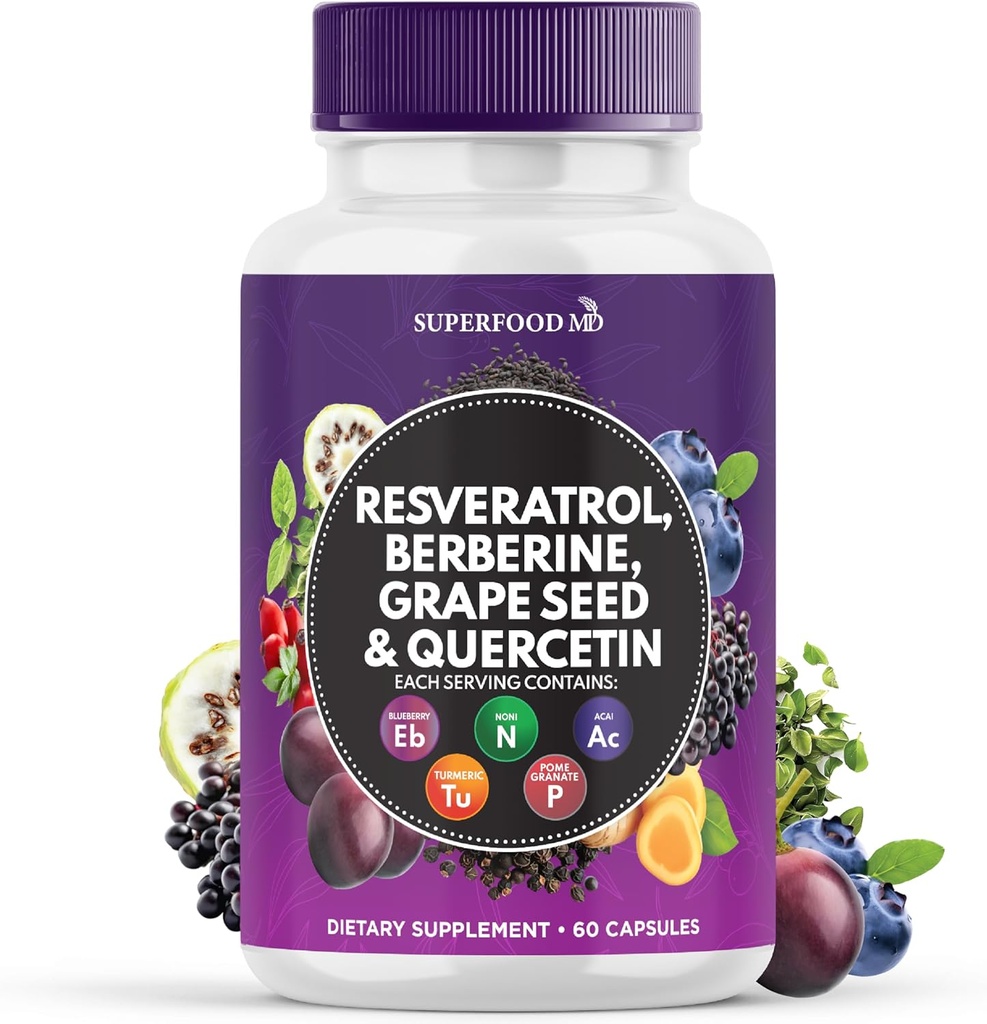 Resveratrol Berberine Grape Seed Extract Quercetin - Polyphenol Supplement with Noni Extract, N-Acetyl Cysteine, Acai Extract - Made in The USA - 60 Capsules