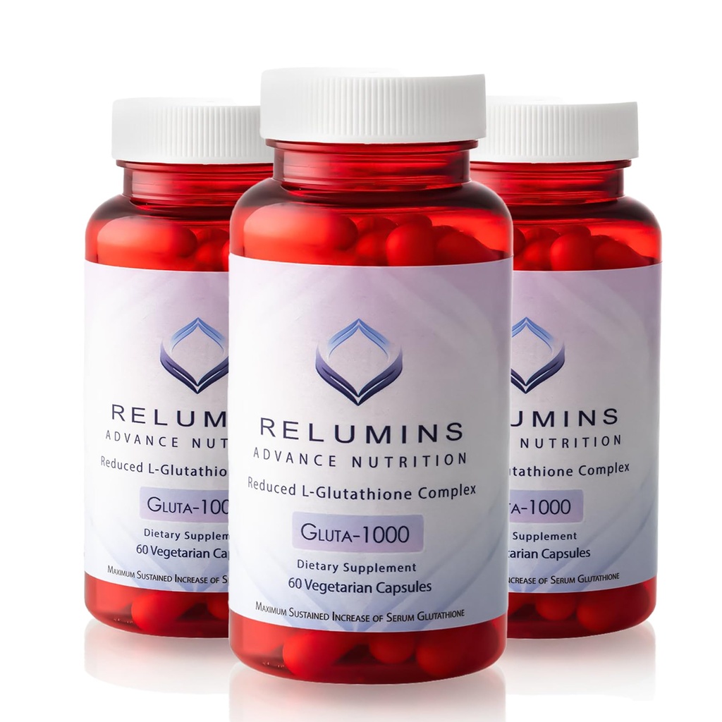 Relumins Advance Nutrition Gluta 1000 - Reducere L-glutation, Alpha Acid lipoic & Rose HIPS - Suport antioxidant pentru Skin & Global Wellness - 60 Veg Capsule x 3 Flacoane (90-Day Support)