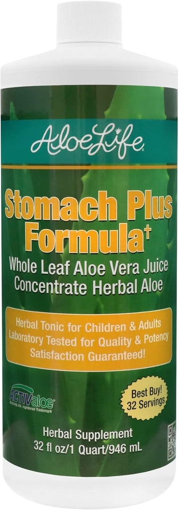 Aloe Life - Stomac Plus Formula, Fast-Action Tonic pentru copii, Adulți, & Seniori, Sprijină Digestie Sanatos & Ajuta la Soothe Gas, Bloating, & Greață, Aloe Vera Concentrat, Gluten-Free (32 oz)