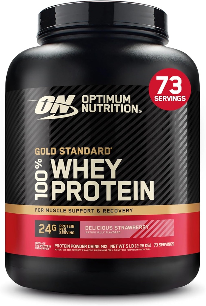 Optimum Nutriție aur standard 100% Whey Pulbere de proteine, Capsuni delicioase, 5 Lire (Packing May Vary)