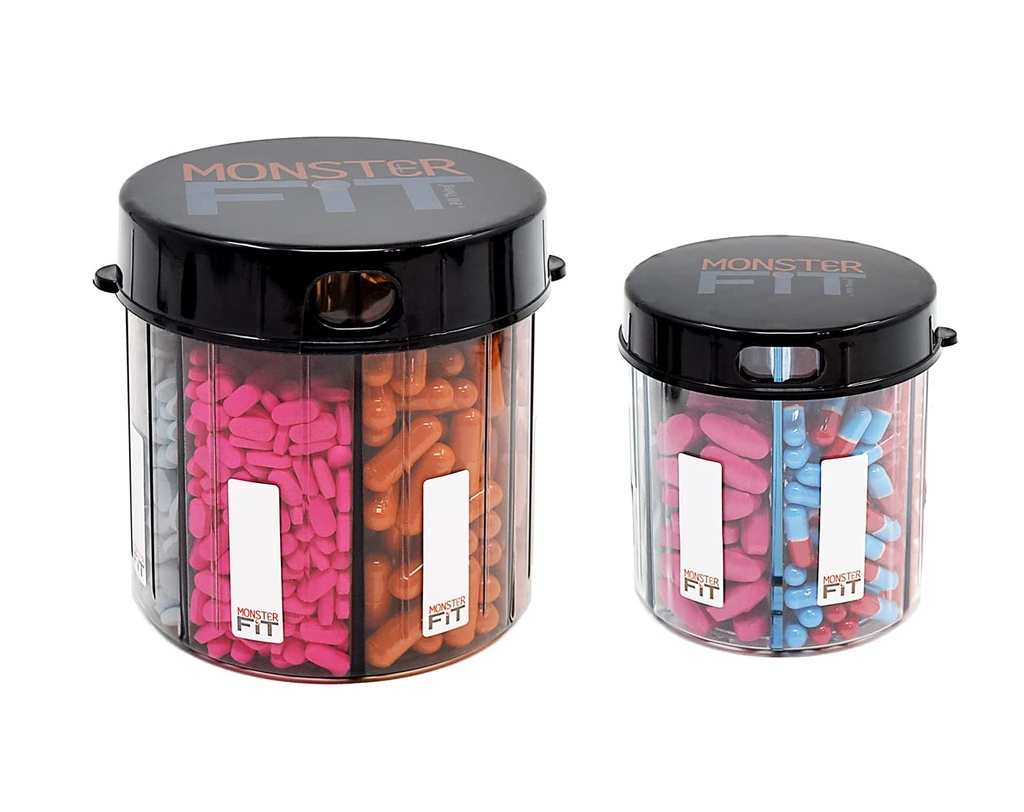 Monster & Monster Jr Supliment de medicamente pastile Dispensers 2 Pachet cu etichete, sticle de containere foarte mari și mici Pilulă mâner Aproape orice supliment, ușor de risipit (Monster & Monster Jr.)