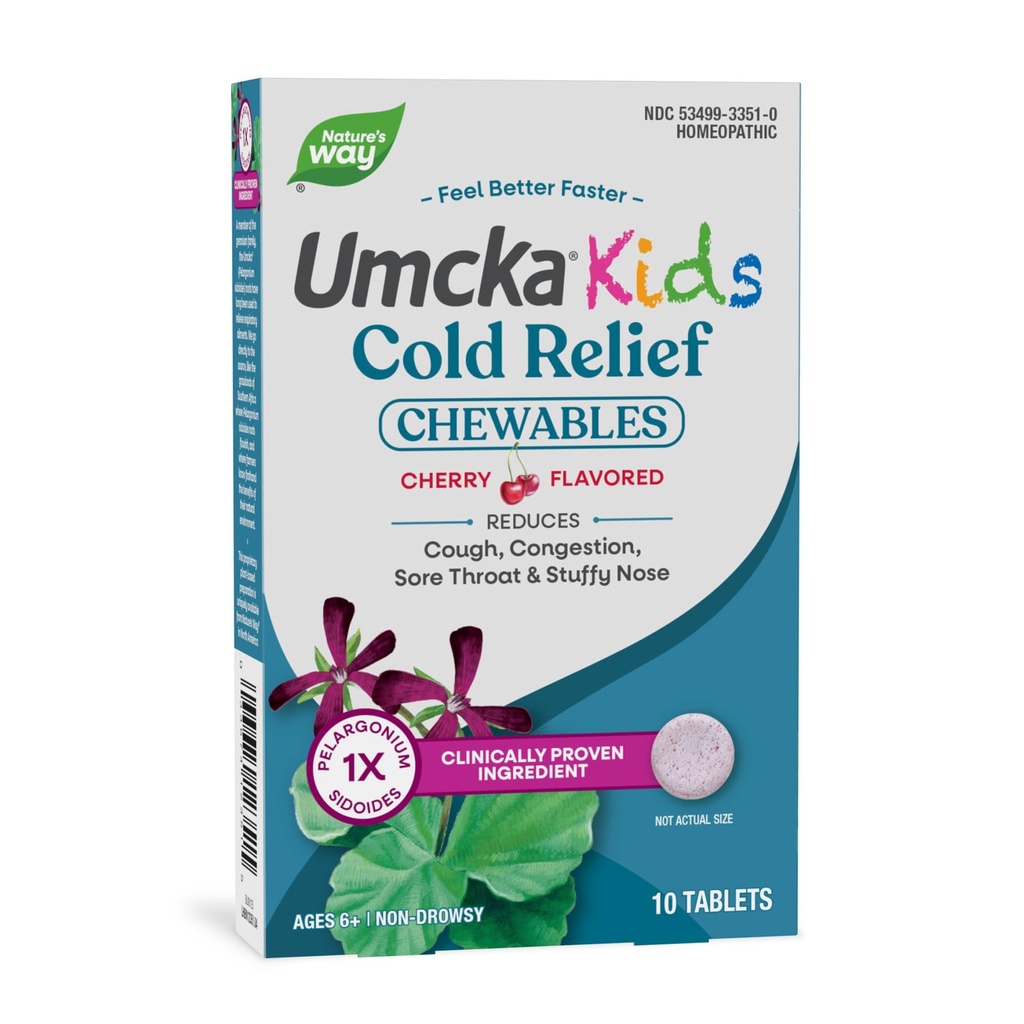 Natura's Way Kids Rece Relief Chewables, Umcka, Ages 6+, Scurtează durata și reduce severitatea, Multi-Simptom Rece Remedy, Non-Drowsy, Cherry Flavored, 10 comprimate