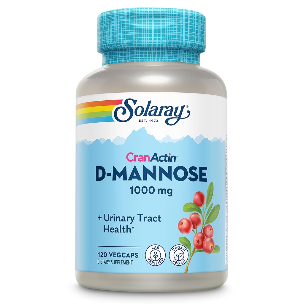 SOLARAY D-Mannose 1000mg cu extract de CranActin Cranberry - D Mannose și Cranberry Supliment cu vitamina C - Suporturi de sănătate Tract urinar - Vegan, 60 de zile de garanție