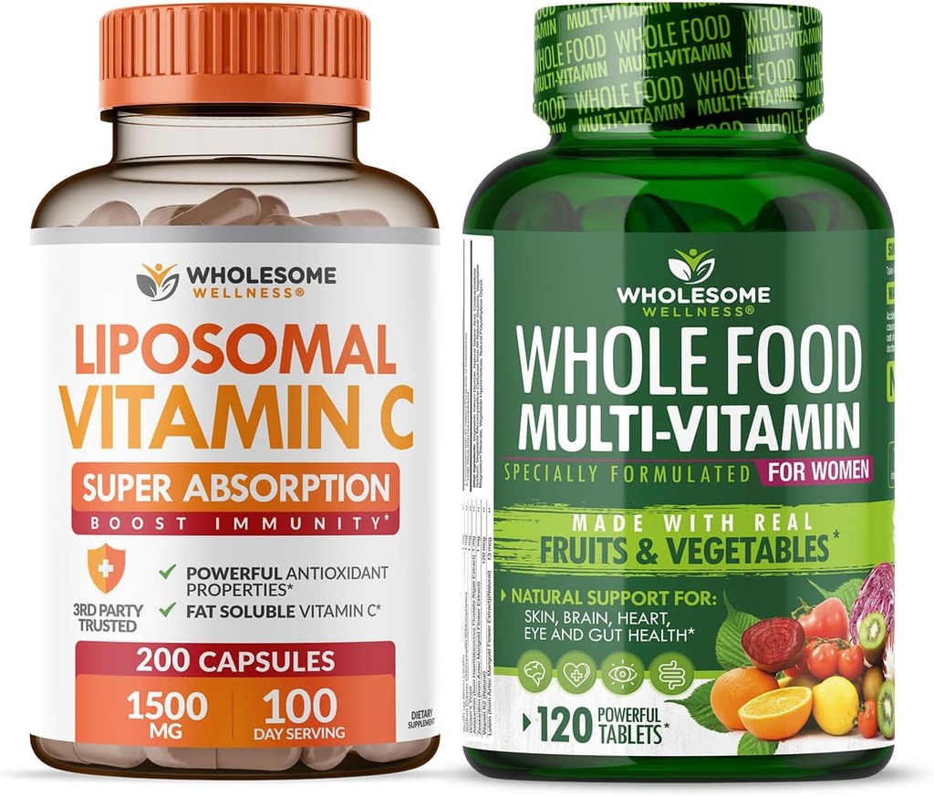 Inteligent Wellness Capsule lipozomal Vitamina C (200 Pastile 1500 mg Buffered) Absorbţie mare VIT C + alimente întregi Multivitamine pentru femei - Multi Vitamine naturale, minerale, extracte organice Bundle