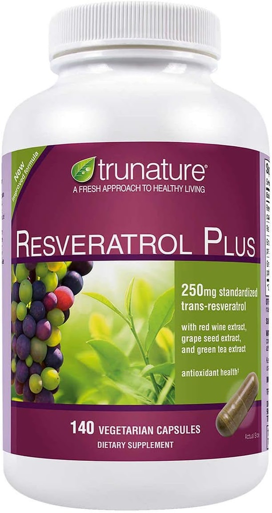 TruNature Resveratrol Plus, 250 Milligram Trans-Resveratrol standard 140 Capsule vegetariene