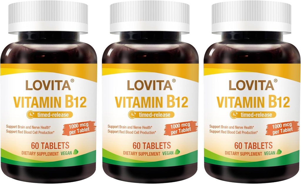 Lovita Vitamina B12 1000 mcg (B12 Vitamine ca Cyanocobalamină), Timed Release B12, Vegan-Friendly, Sprijină Sistemul nervos, 60 comprimate vegetariene (2 lună de aprovizionare) (Pachet de 3)