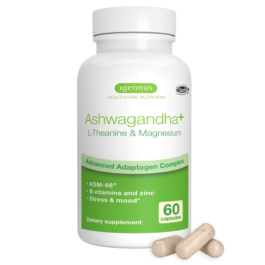 Igennus High Putere Ashwagandha Complex de relief de stres, L-Teanină & Magneziu & KSM-66 Root Extract Adaptogens, Vitamine B metilate, Calm & Sleep Support, Eticheta curată, 60 capsule cu acţiune rapidă