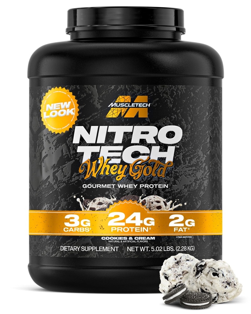 Muscletech Whey Proteine Pulbere (Cookies & Cream, 5LB) - Nitro-Tech Proteina Whey Izolat Smoothie Mix pentru Lean Muscle & Recuperare - 24g de proteine de aur Whey pentru femei si barbati - ambalare mai Vary