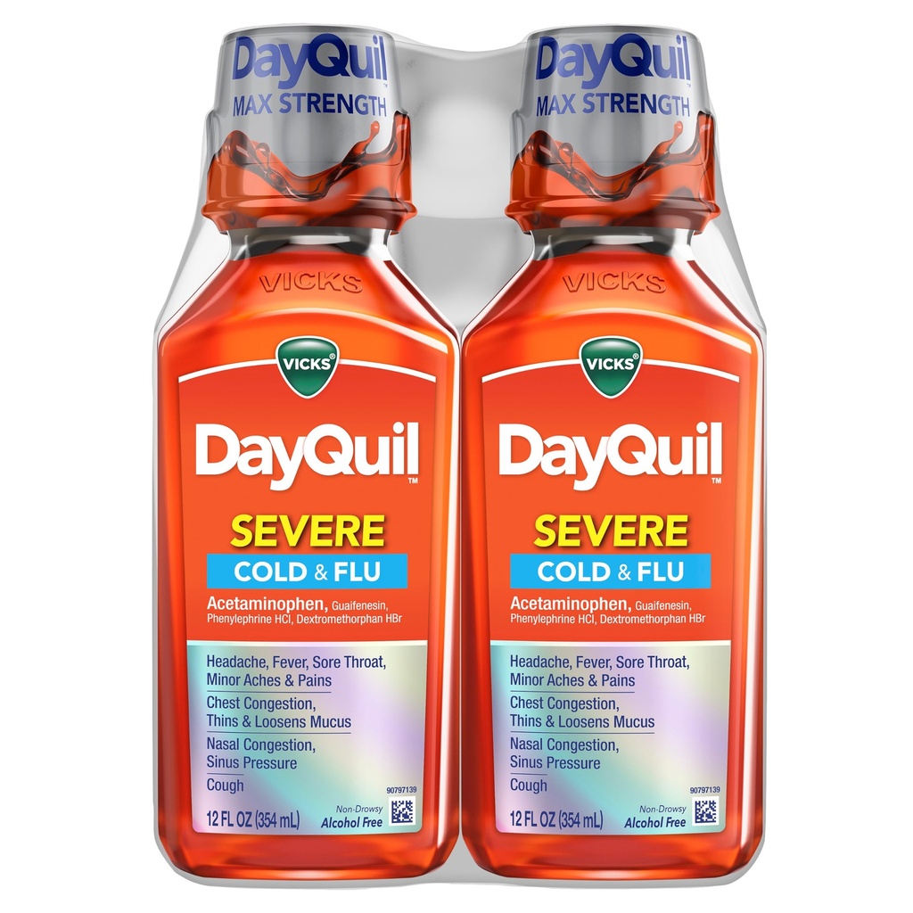 Vicks DayQuil Severe Rece & Flu Liquid Medicine, Relief pe timp de zi pentru dureri de cap, Febră, Sore Throat, Dureri și Dureri minore, Congestionare toracică, Stuffy Nas, Congestion Nasal, Sinus Pressure, & Cough, 2x12oz