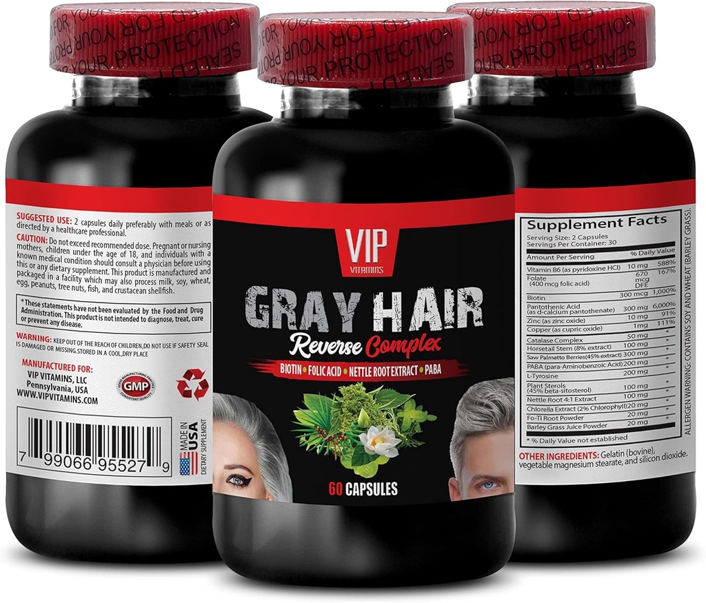 Saw Palmetto Mens Hair - Gray Hair Reverse Complex - Soluție naturală - Rezultate puternice, Bărbați păr gri, Vitamine Biotin pentru piele de păr și unghii, Paba Supliment, Gray Hair Supliment, 1 Bot 60 Caps