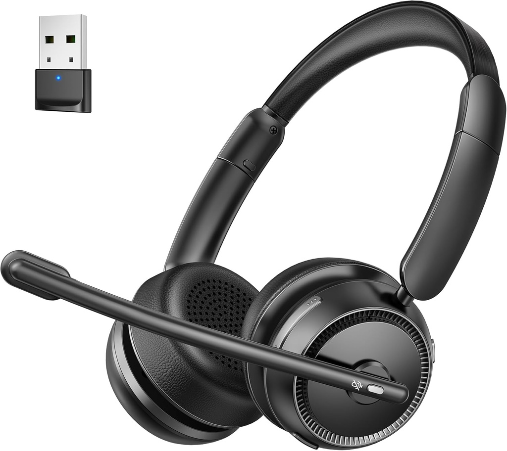 Căști Bluetooth cu AI Zgomot Anularea Microfon, Stereo HiFi Bluetooth Căști, Căști fără fir cu USB Dongle pentru Computer Call Center Skype Zoom Trucker