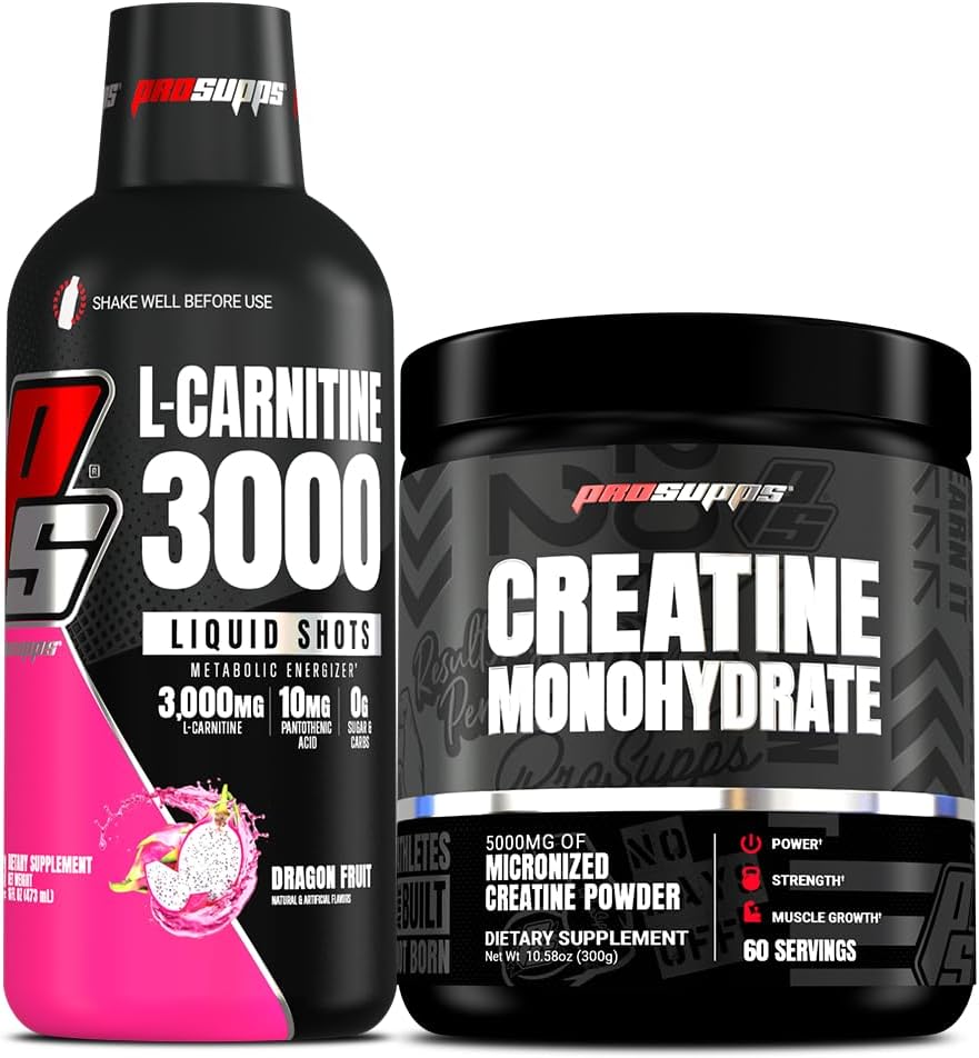 PROSUPPS L-Carnitina 3000 Shoturi Stimulante Lichide Gratuite (31 Servings, Dragon Fruit) și Creatină 300 Monohidrat (60 Servings) Bundle