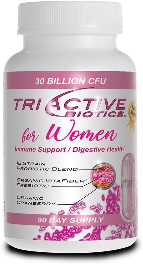 Bioticele esentiale sursă triactive pentru femei - Probiotice pentru femei cu 18 Strains, VitaFiber Organic Prebiotic & Cranberry la suport digestiv, de apărare imună, urinare, sănătate vaginală - 90 capsule