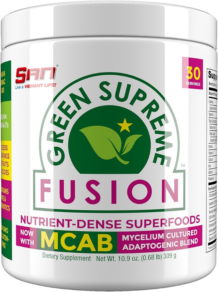 SAN Nutritions Green Supreme Fusion Blend Antioxidant: Super Greens Smoothie Mix cu Spirulina, Chlorella, Ciuperci Adaptogene, 30 Serviri
