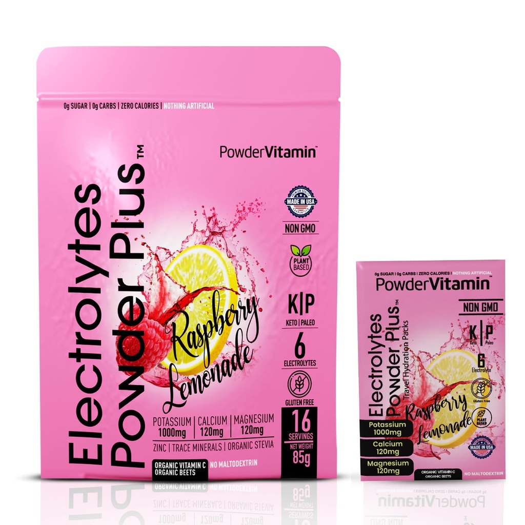 PulbereVitamina Electroliti Pulbere Plus, Keto, Zmeură Limonadă, Zahăr gratuit, Sare Himalaiană roz, 1000 mg Potasiu, 120mg Calciu, 120mg Magneziu, Non-GMO, Zero Calorii, (16 Pachete Hidrație)