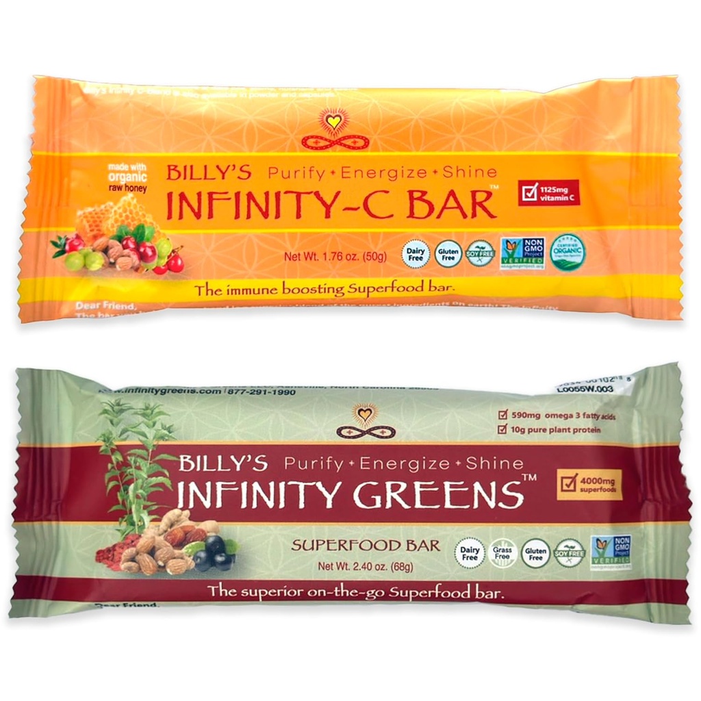 Infinity Greens Bundle, 1 cutie Green Superfood Bars (12 Pack), 1 cutie de vitamine organice C Snack Bars (12 Pack)