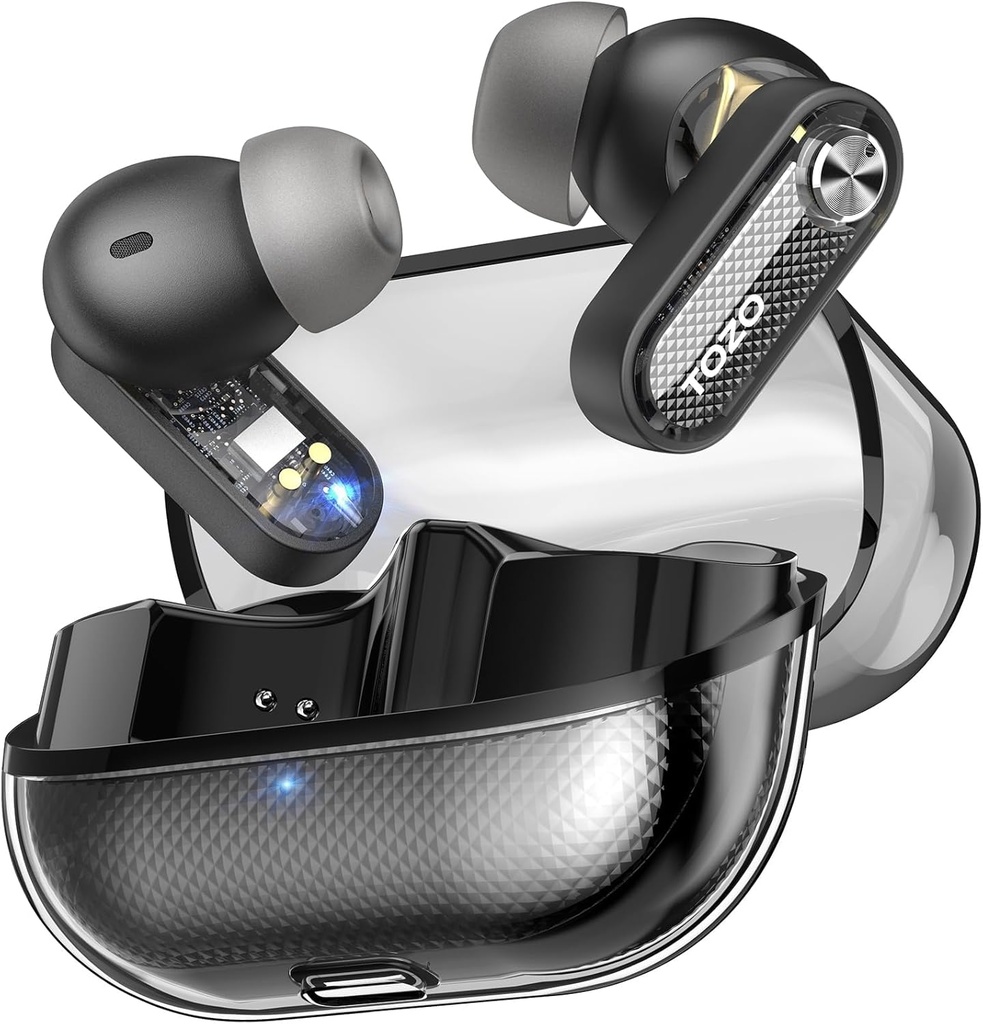 TOZO Crystal Pods Hibrid Zgomot activ Anulare cască fără fir, 10mm Drivers Deep Bass Stereo Sound, 4 Mics Smart ENC Al Calls, 32 EQ prin App, Bluetooth 5.4 Căști, Crystal Case Design