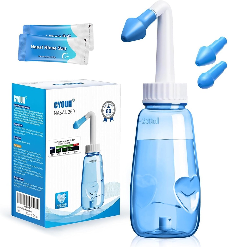 Neti Pot Sinus Clătiți sticla 260 ML cu 60 de pachete de sare de spălare nazale și autocolant de spălare a nasului Cleaner presiune Clătire Nasal pentru adulți și copii BPA gratuit (albastru)