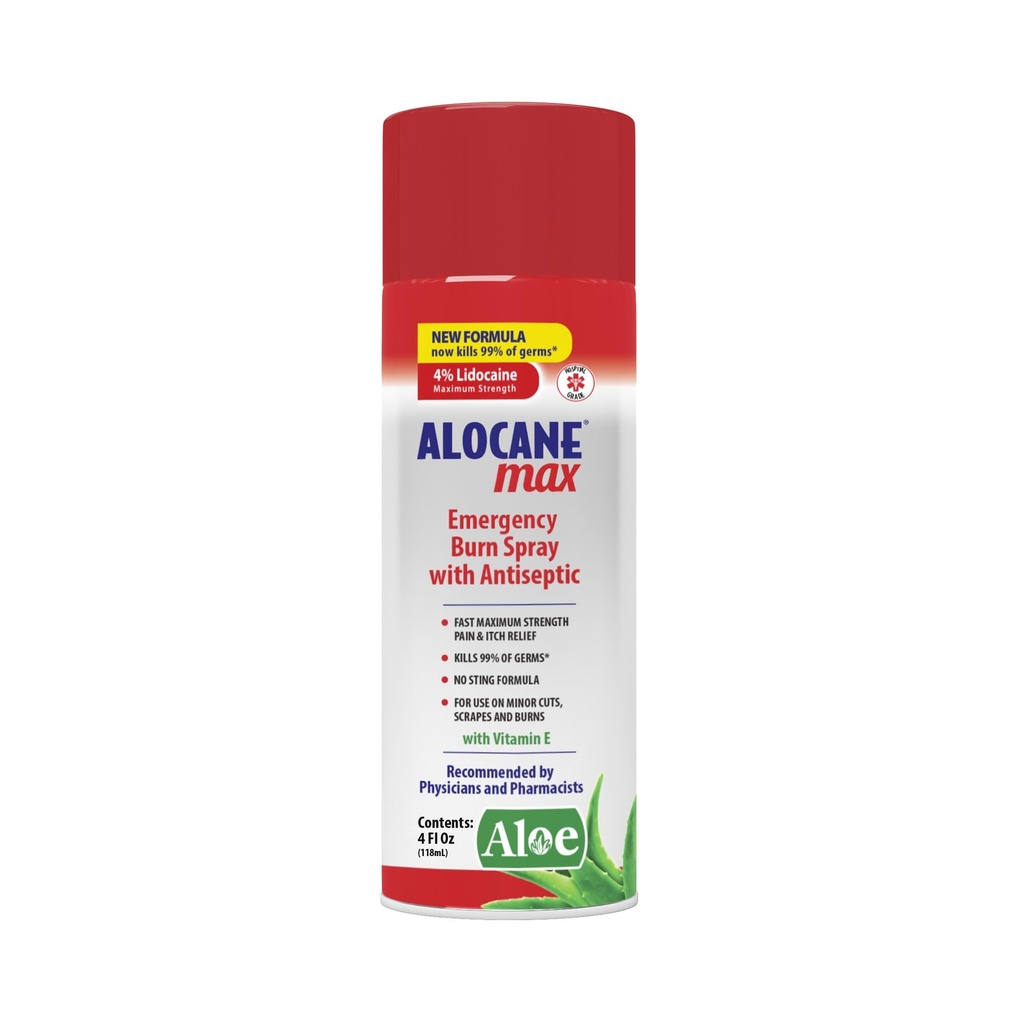 ALOCANE Arsuri de urgenţă Spray, 4% Lidocaină Rezistenţă maximă Durere rapidă Mâncărime Relief pentru arsuri minore, arsuri solare, bucătărie de prim ajutor tratament Burn Care, 4 Fl Oz