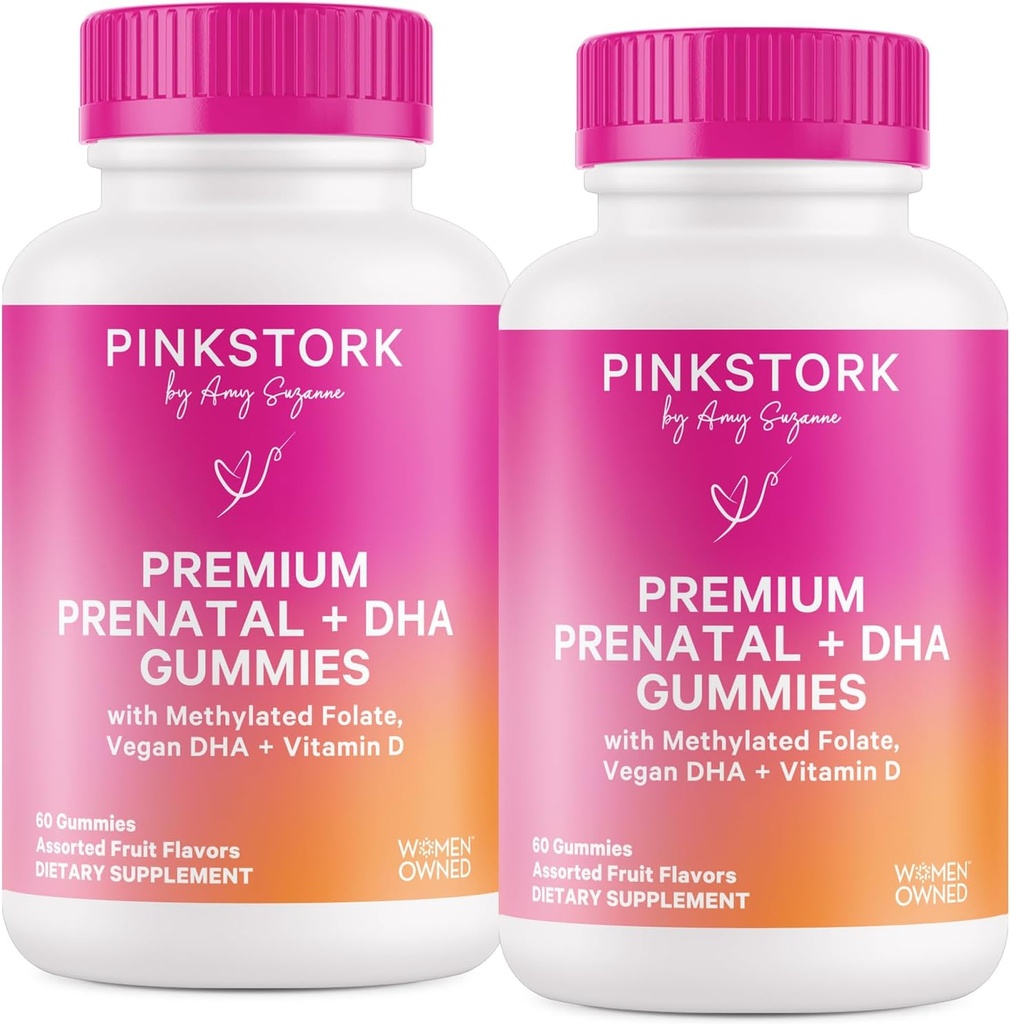 Roz Stork Premium Gummy Vitamine prenatale cu DHA, Folate, și vitamina D - 60 Vegan Gummies - 2 ambalaj