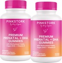 Roz Stork Premium Gummy Vitamine prenatale cu DHA, Folate, și vitamina D - 60 Vegan Gummies - 2 ambalaj