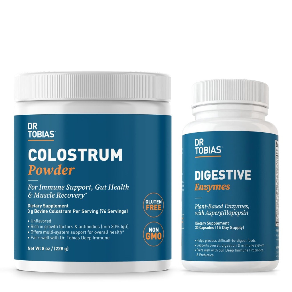 Dr. Tobias Enzime digestive și praf de colostru - Suportă Absorbție nutrient, Comfort digestiv și Funcția imunitară