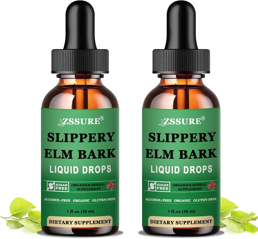 (2 Pachet) Picături lichide Elm Bark Slippery Elm pur organic extract 1000mg pentru Digestive Gut Health, Liquid Slippery Elm Tincture Supliment vegetal, Vegan, Alcool gratuit, Non-GMO, Gluten gratuit