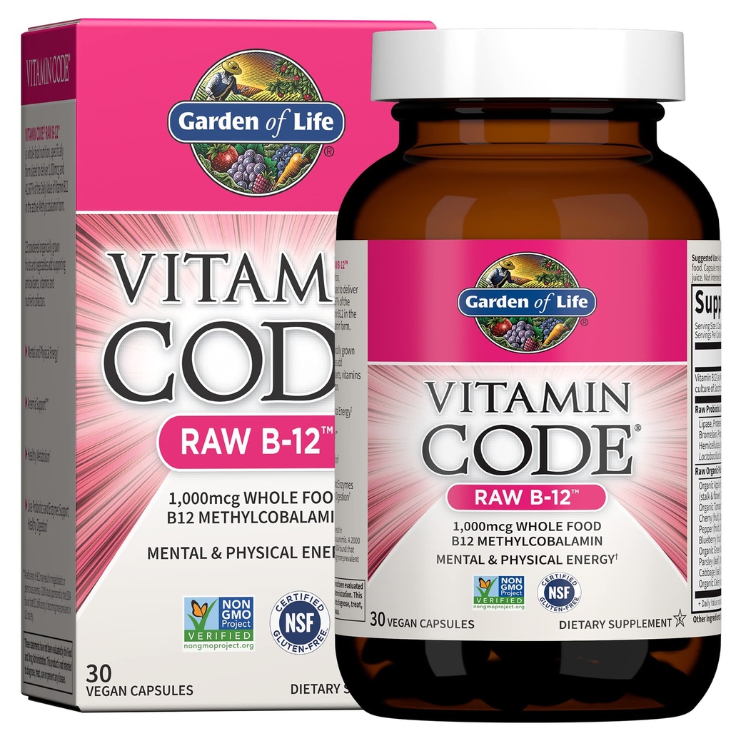 Garden of Life Code Vitamina Raw B-12-30 Capsule, 1000mcg Întreaga alimente B12 Metilcobalamină pentru energie, Vegan metilcobalamină Vitamina Plus Probiotice și enzime, Gluten suplimente gratuite