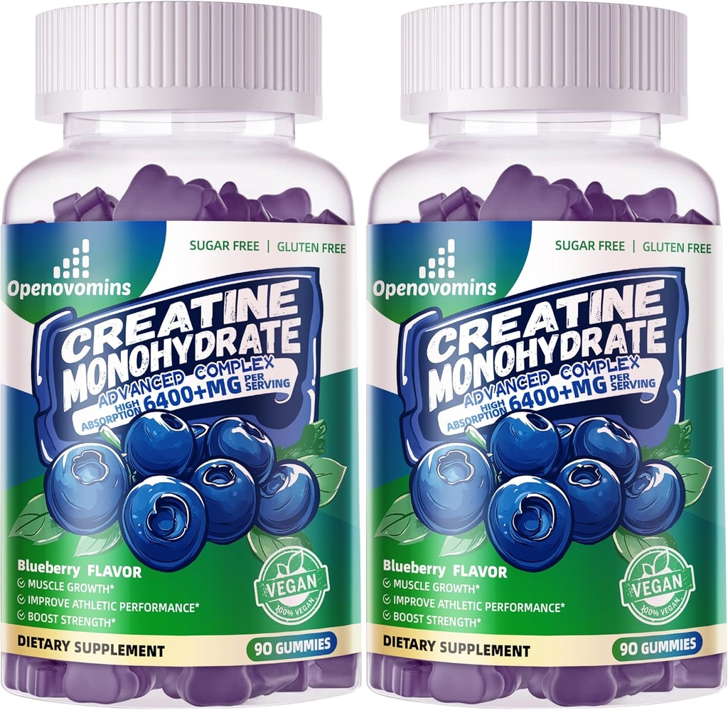 Complex de gume monohidratate pentru bărbaţi şi femei - Formula avansată W/L-Taurină + vitamina B12, Supliment masticabil fără zahăr, 180 Gume de afine 2pack