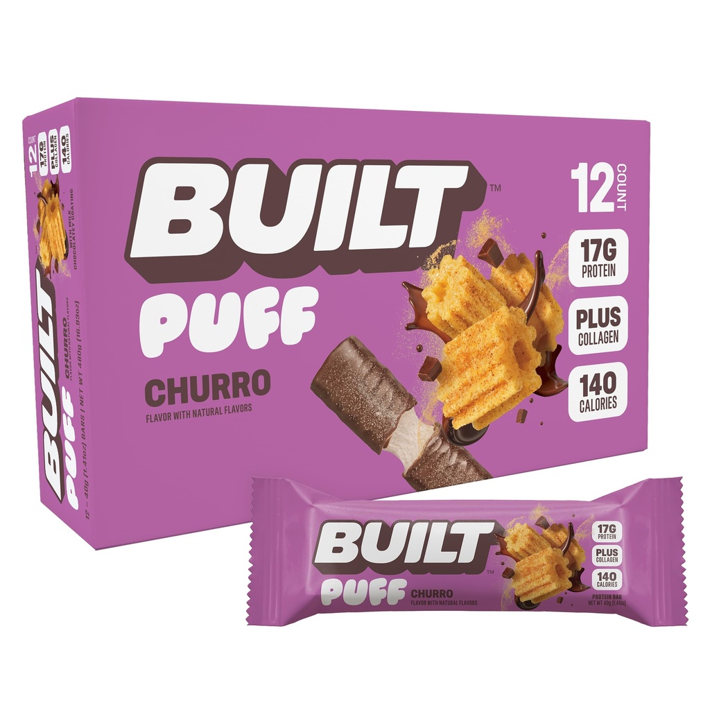 Built Bar, Puff Proteine Bars, Churro Puff, 17g Proteine Snacks, On-The-Go Bars, Numai 140 Calorii & 6g Zahăr, Colagen, Gluten gratuit, 12 Conte