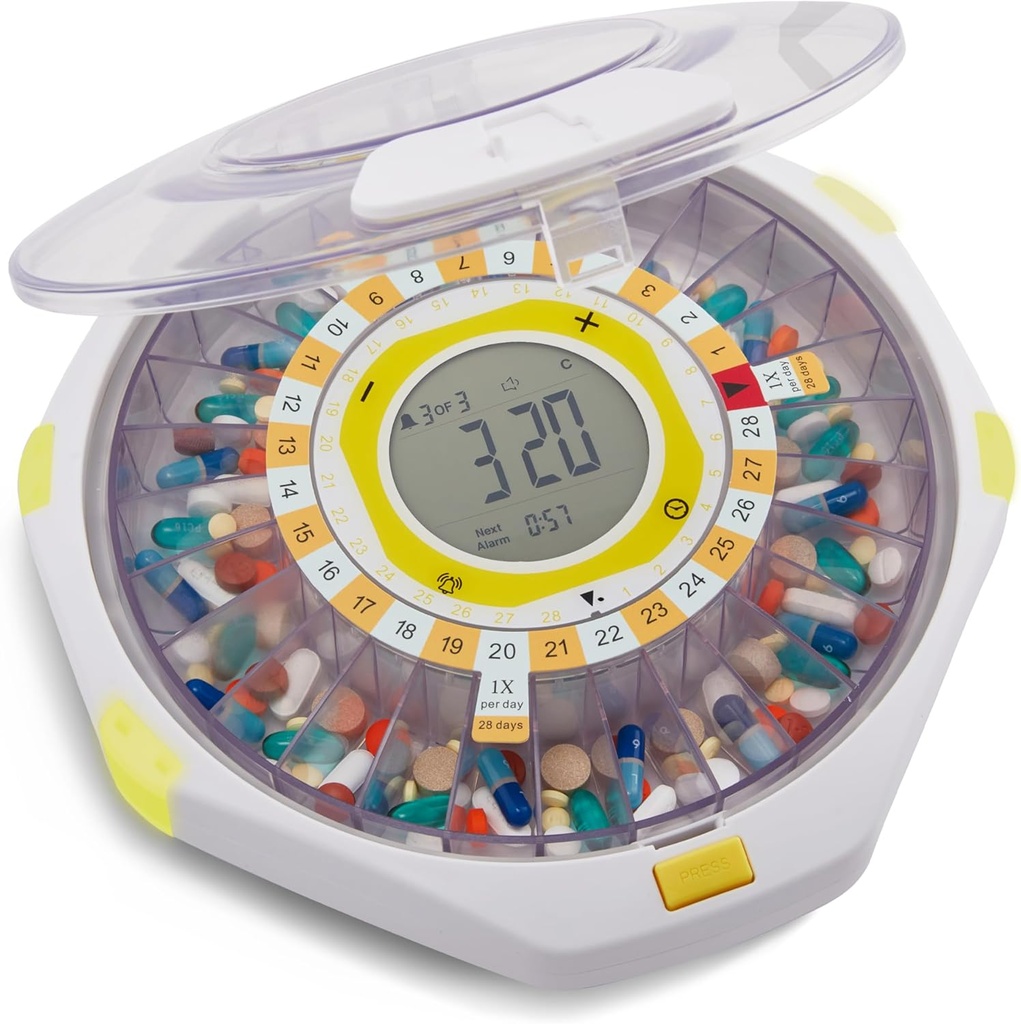 LiveFine Bluetooth Automatic Pill Dispenser, 28-Day Capacitate, Sound & Light Alerte, Key Lock, LCD & Easy Setup on The LiveFine App for Prescriptions, Medicamente, Vitamine & Suplimente - Clear Lid