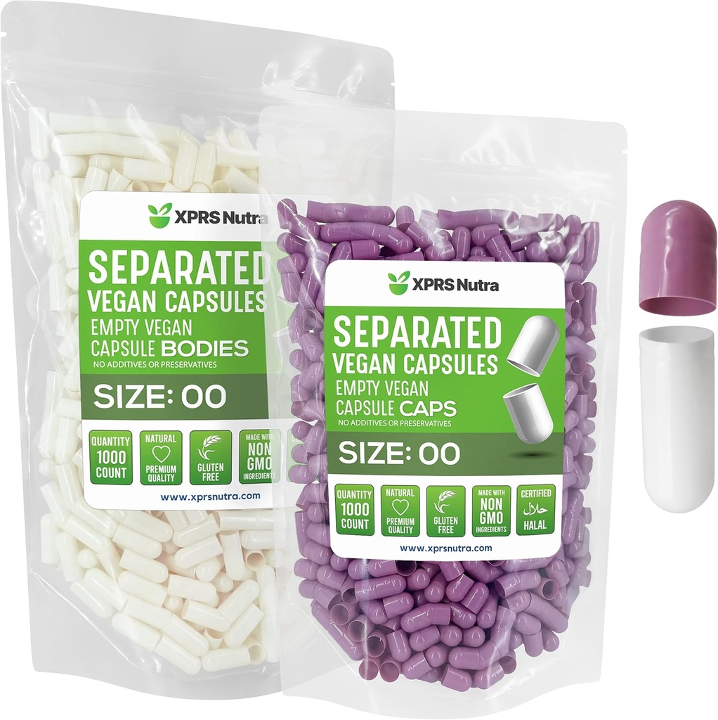 XPRS Nutra Vegan Dimensiune 00 Capsule separate - 1000 capsule Premium goale separate în pungi - 00 pastile goale pentru umplerea suplimentară DIY (Lavandă/White)