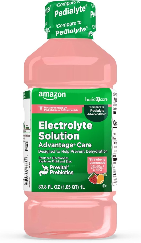 Ingrijire de baza Avantaj Ingrijire Solutie Electroliti cu Prebiotice Previtale, Limonadă de căpşuni, Băut Hidratare, Electroliţi Rellenish, Fluid & Zinc, 33,8 fl oz (Pachet de 1)