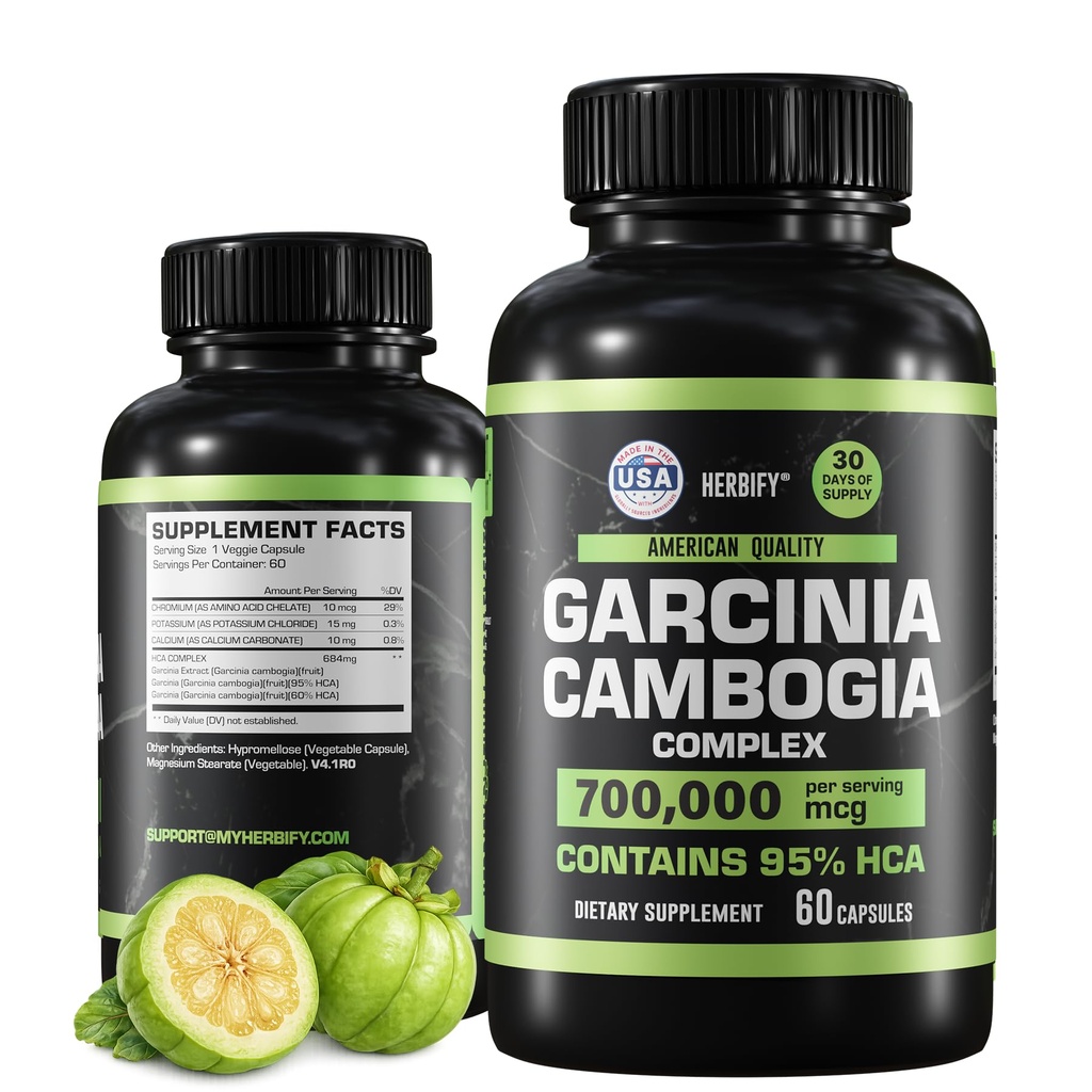 HERBIFY Garcinia Cambogia wellness Supplement Supplement for Women & Men - Extract de plante cu proprietati antioxidante - Booster energetic pentru Daily Vitality and Digestive Support - 60 Conte