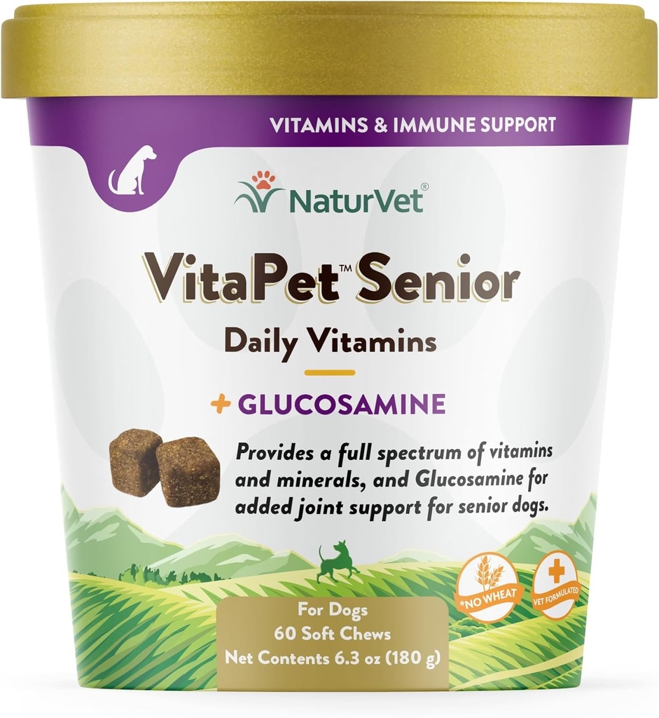 NaturVet VitaPet Senior Daily Vitamine Plus Glucosamină pentru câini, 60 ct Soft Chews, Made in the USA with Global Source Ingredients