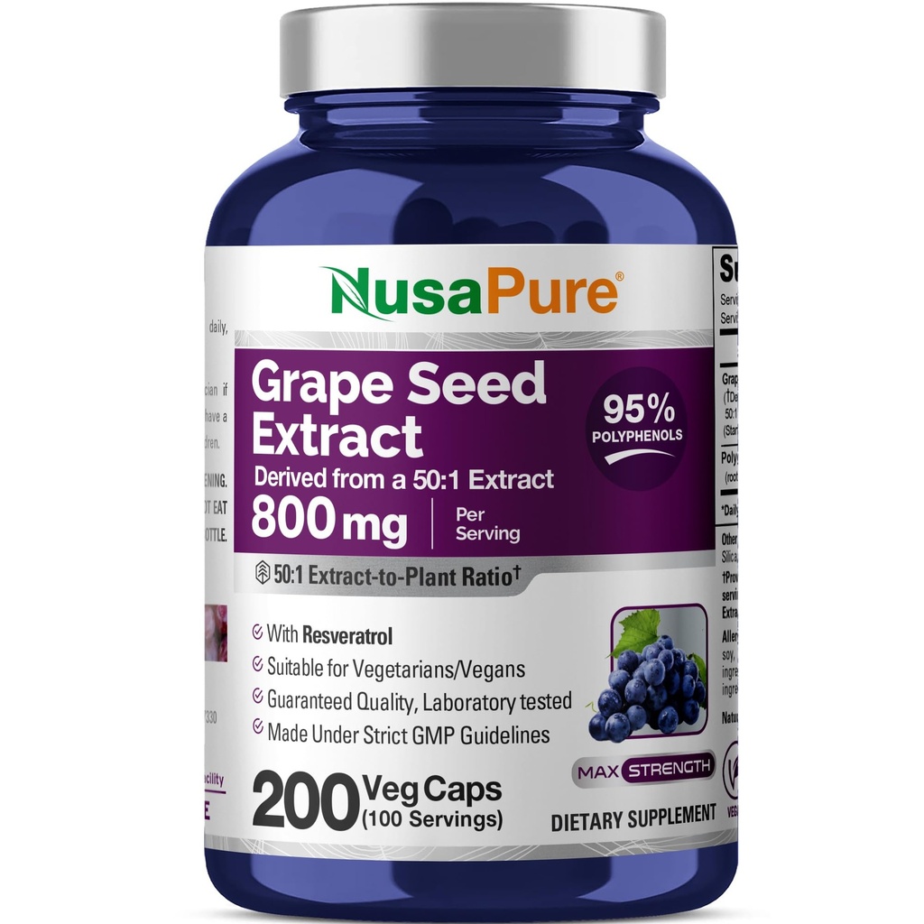NusaPure Extract de semințe de struguri 40000 mg pe capace, 200 capsule Vegan, standardizate, non-GMO, gluten gratuit, Resveratrol