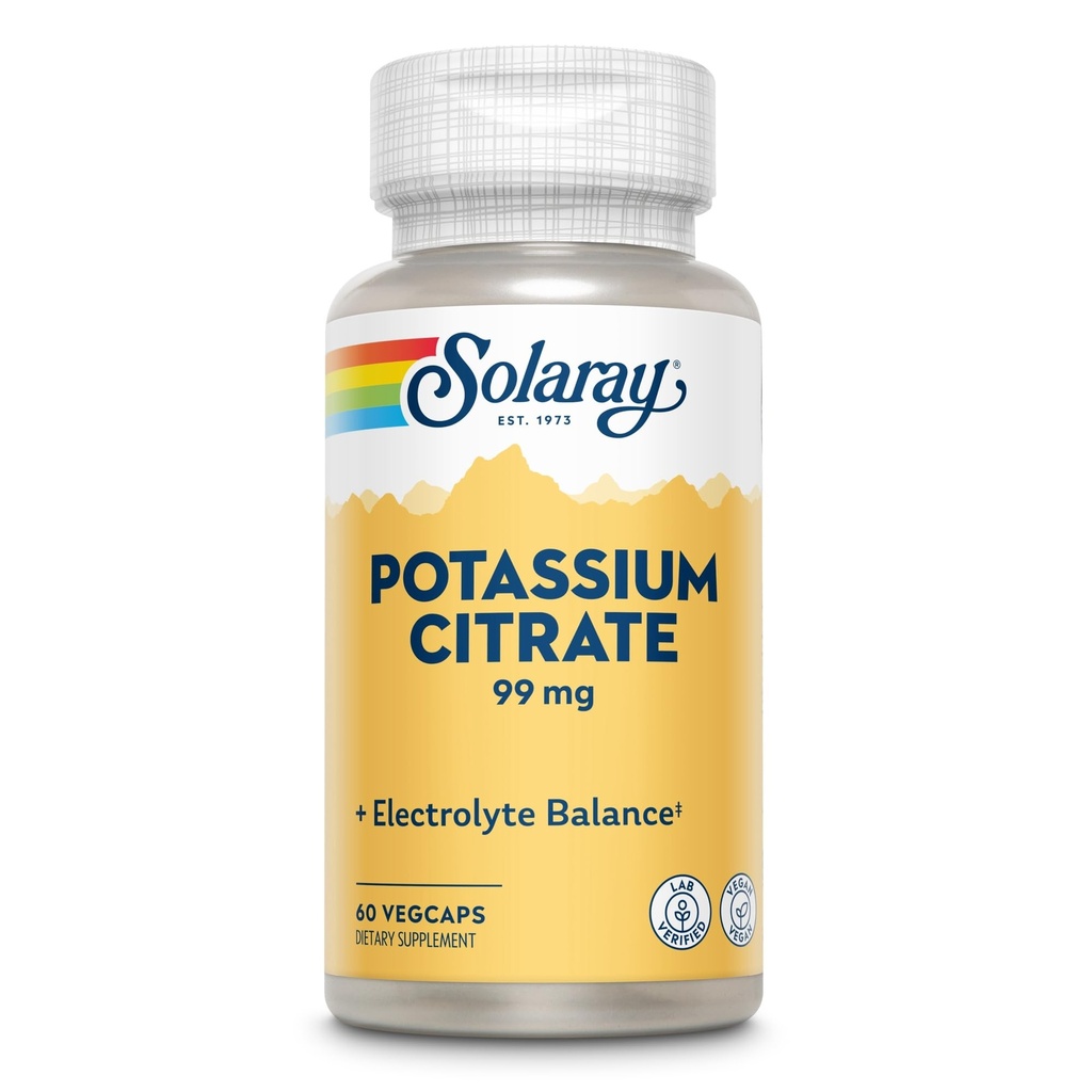 Solaray Citrat de potasiu, Echilibru Electrolit sănătos, Suport funcţional pentru nervi şi muşchi, Vegan, 60 VegCaps