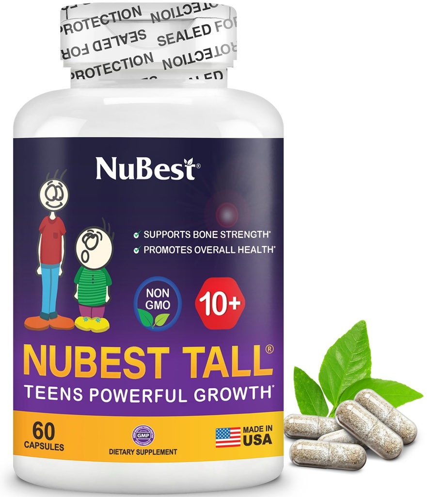 NuBest Tall 10+ Formula de rezistență osoasă premium, Imunitatea îmbunătățită și sănătatea generală pentru vârsta 10+ cu calciu, vitamina D3, vitamina K2 și multivitaminele 60 Capsule 