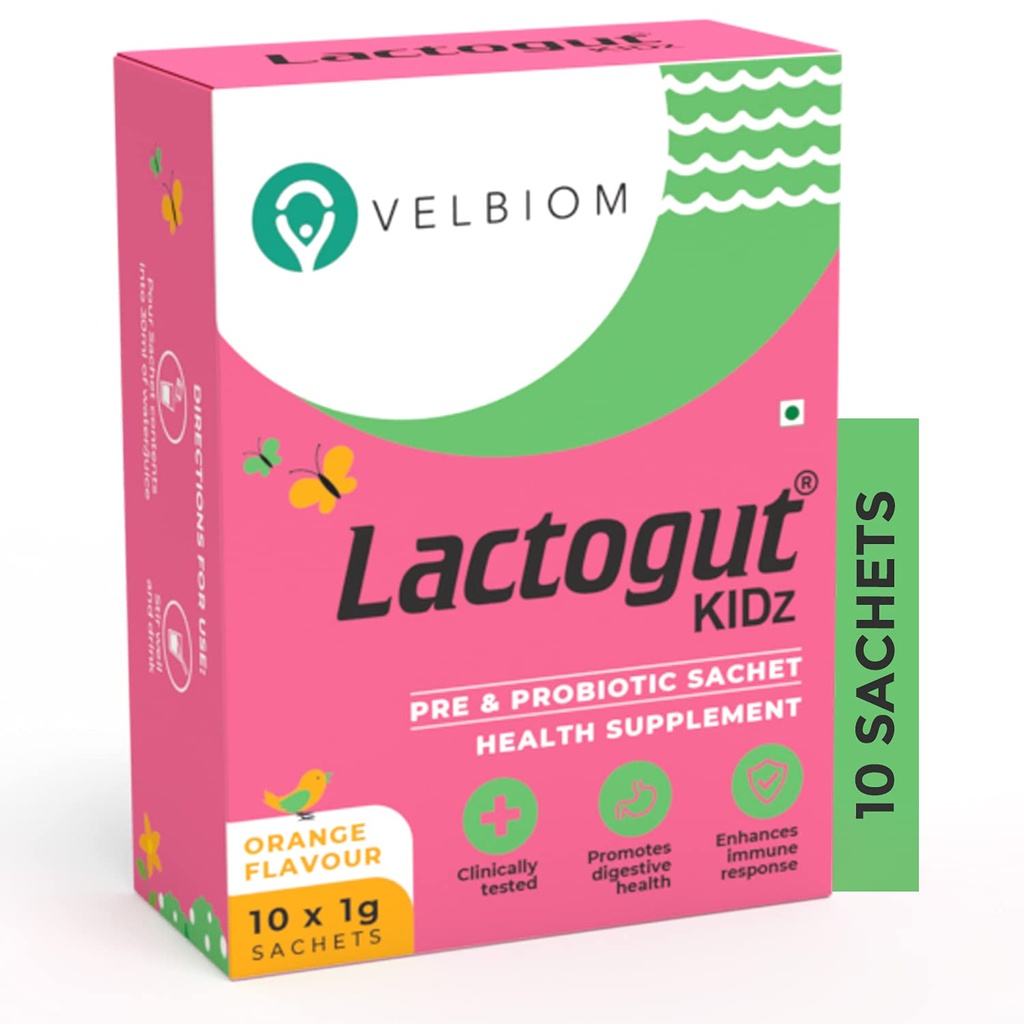 Lactogut Kidz Probiotics Pulbere pentru copii Ușor de consumat Probiotice pentru copii Sanatate Gut, Wellness generală și Imunitate Vegan dovedit clinic - 1Gx10 Sachete (Aroma portocalie)