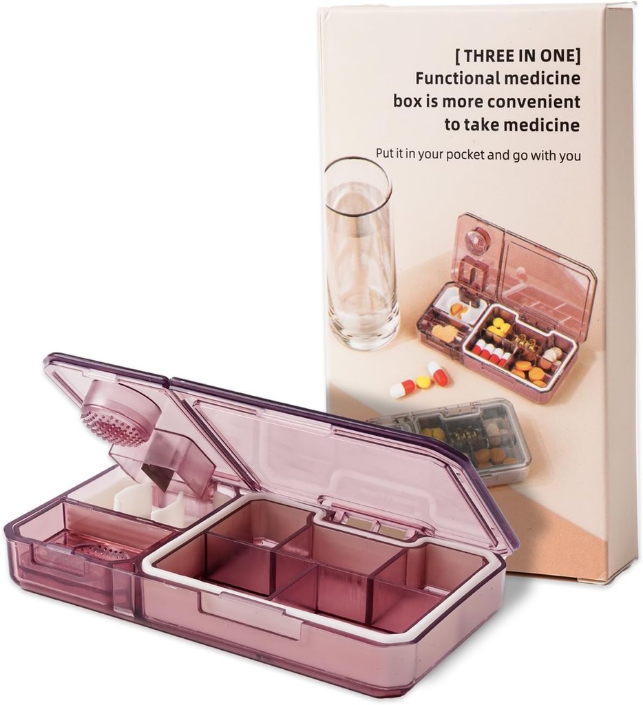 Organizator de pastile cu Cutter Crusher:Medicina de călătorie Organizator de pastile pentru pungi de buzunar pentru a deține suplimente de medicamente vitamine,Pink